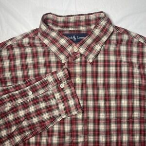 Ralph Lauren Mens Custom Fit Red White Plaid Button‎ Long Sleeve Cotton Sz XL